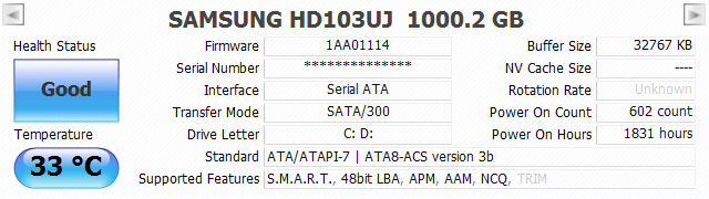 CrystalDiskInfo general information panel listing model, firmware, and interface